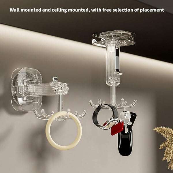 Suction cup wall hooks for storage, wall and ceiling mounted, displaying key rings and accessories on a smooth surface.
