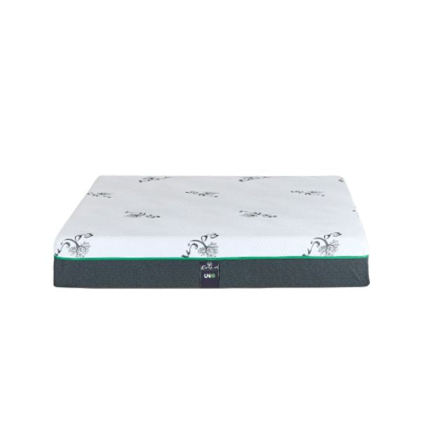 Supportive Medium Firm Hybrid Mattress shown in a side view with floral design and grey edges