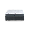 Ultra Plush Hybrid Mattress displayed on a stylish platform base, featuring a premium white top with graphic designs.