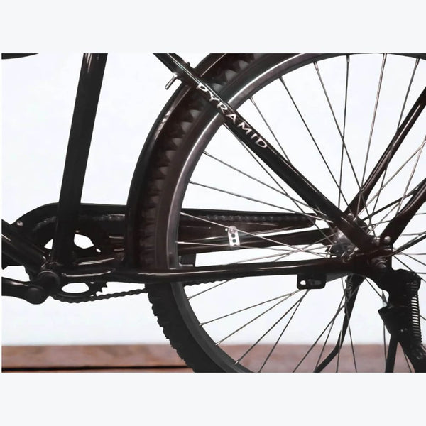 Close-up of Unisex Pyramid Bicycle with Rear Carrier & Kickstand showcasing the rear wheel and frame details.