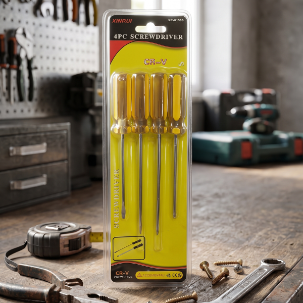 4 Piece Amber Handle Precision Screwdriver Kit in packaging, ideal for woodworking and household maintenance.