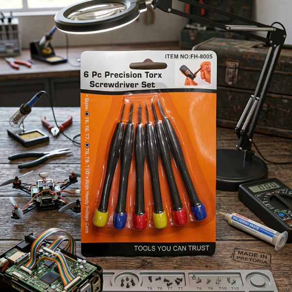 6 Piece Triangle Head Precision Screwdriver Set displayed on a workbench with tools and electronics for detailed repairs.
