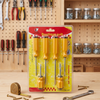 6 Piece Multi Tip Precision Screwdriver collection displayed in packaging on a wooden workbench.