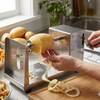Using a Stainless Steel Spiral Potato Slicer to create spiral potato slices in a kitchen setting.