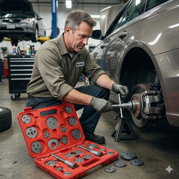 Mechanic using the 21pc Universal Brake Caliper Wind Back Tool Kit to service a vehicle's brake system.