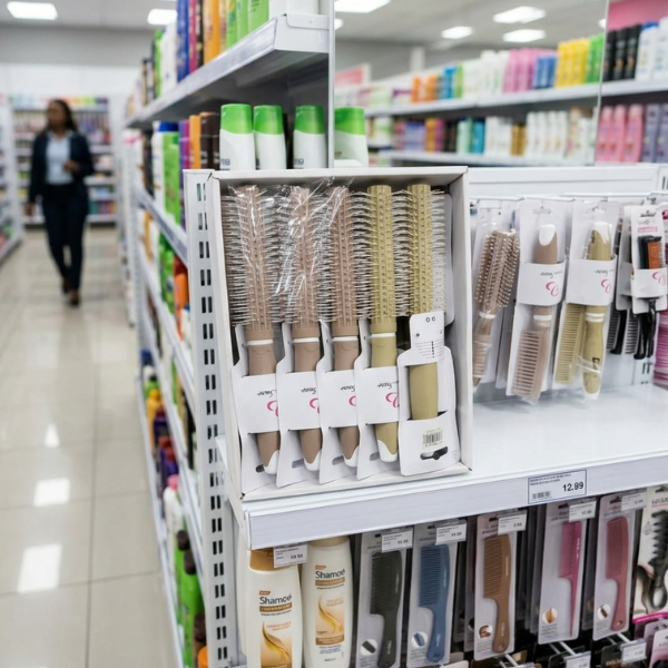 Round Styling Hair Brush displayed on shelves among various hair care products in a vibrant store.