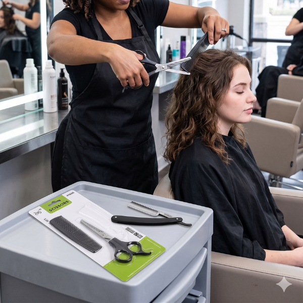 A hairstylist using the Professional Hair Grooming and Styling Kit on a client in a salon setting.