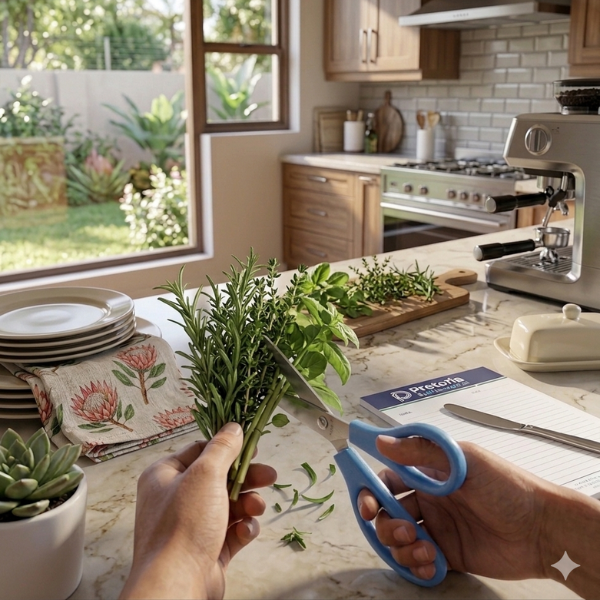 Person using Multipurpose Stainless Steel Office and Kitchen Scissors to snip fresh herbs in a modern kitchen.