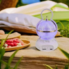 Rechargeable LED Camping Lamp with Bluetooth Speaker displayed on a grassy surface, showcasing its compact and stylish design.