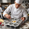 Chef using Non-Stick 9-Cavity Square Muffin Pan to create desserts in a modern kitchen.