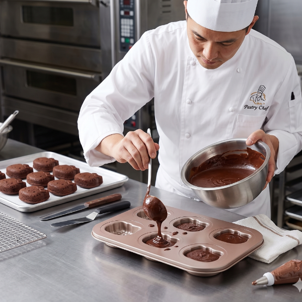 Chef using a Cartoon Character Non-Stick Baking Pan to pour chocolate batter in a professional kitchen.
