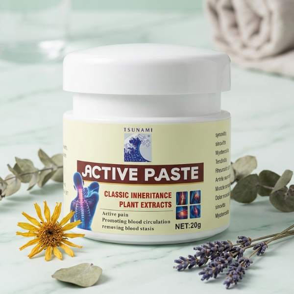 Tsunami Active Paste Plant Extract Ointment in a jar, designed to soothe muscles and promote blood circulation.