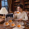 12 Piece Embossed Glass Coffee Cup and Saucer Set showcased with a woman enjoying tea in a vintage-style library.