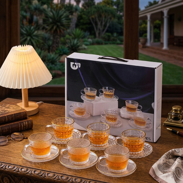 12 Piece Embossed Glass Coffee Cup and Saucer Set displayed on a wooden table with warm beverages and elegant decor.