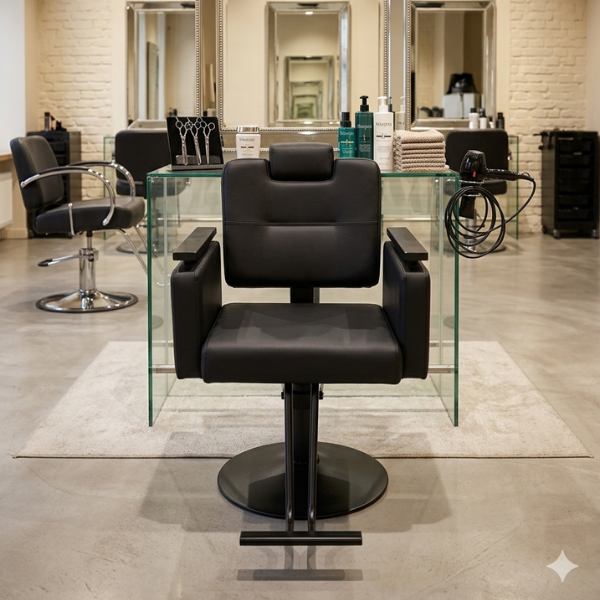 Wood and Steel Professional Salon Styling Chair in a modern salon setting with mirrors and styling products.