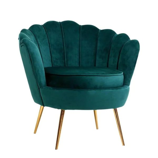 Velvet Tulip Accent Chair with Gold Legs in lush green velvet with scalloped design and gold tapered legs.