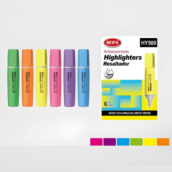 Vibrant Multi-Colour Tip Highlighters – Pack of 6