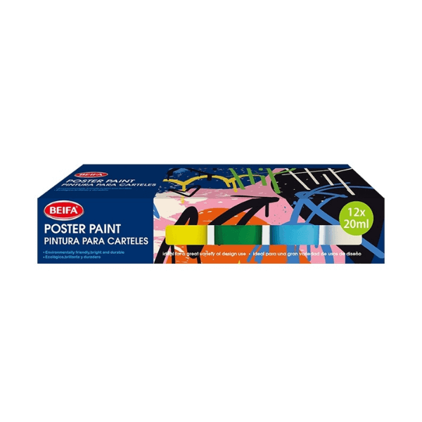 Vibrant Poster Paint Set - 12 Colours in 20ml Bottles packaging displaying vivid colours and sizes.