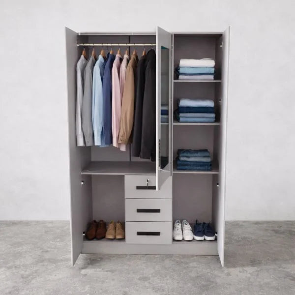 Modern 3 Door Wardrobe with Drawers - Mirror & Lock featuring organized clothing and shoes inside.