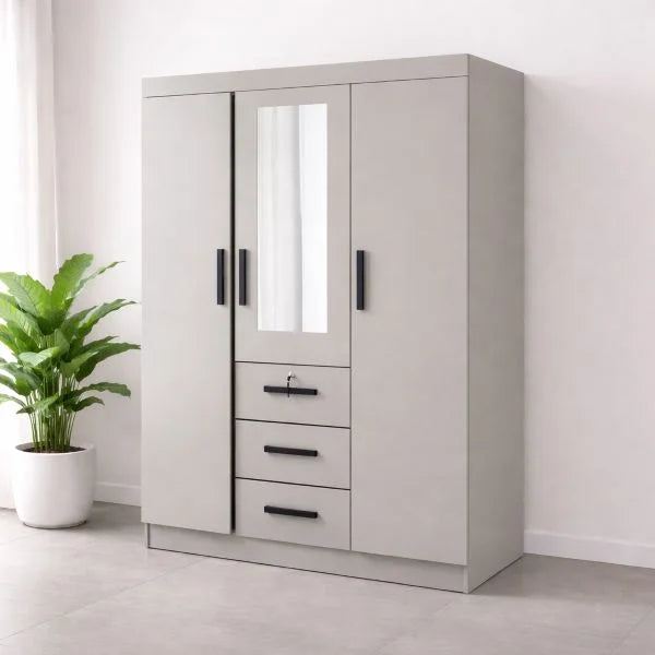 Modern 3 Door Wardrobe with Drawers - Mirror & Lock in a stylish room with plants.