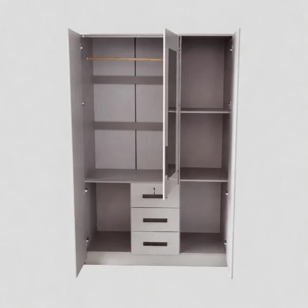 Modern 3 Door Wardrobe with Drawers - Mirror & Lock interior featuring shelves, hanging space, and drawers.