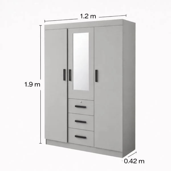 Modern 3 Door Wardrobe with Drawers - Mirror & Lock with dimensions 1.2m width, 1.9m height, and 0.42m depth.
