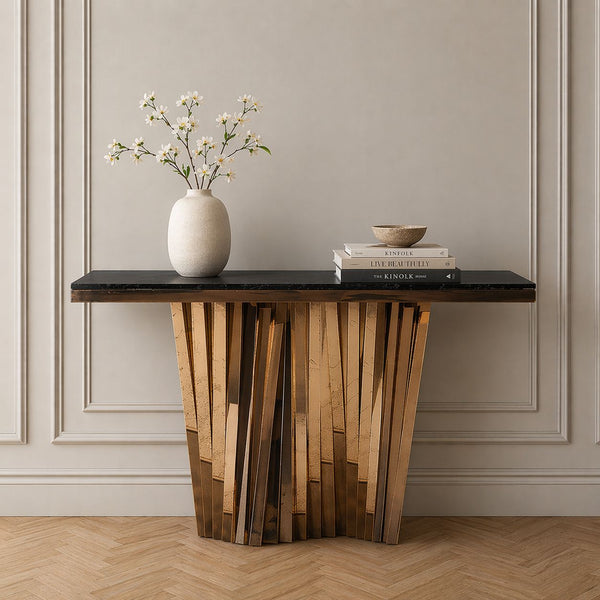 Luxury Black Faux Marble Gold Console Table with a vase and books, adding elegance to a modern living space.