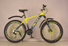 Aluminum Alloy 21 Speed Men Cycle Mountain Bike in yellow and blue, showcasing sturdy design and rugged tires.