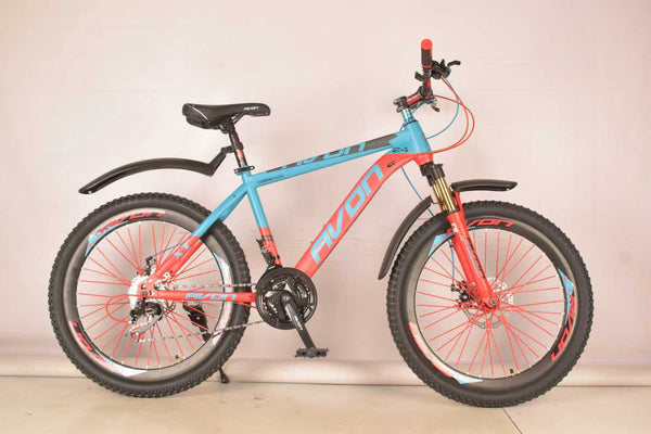 Aluminum Alloy 21 Speed Men Cycle Mountain Bike with blue and red design, suitable for trails and city riding.