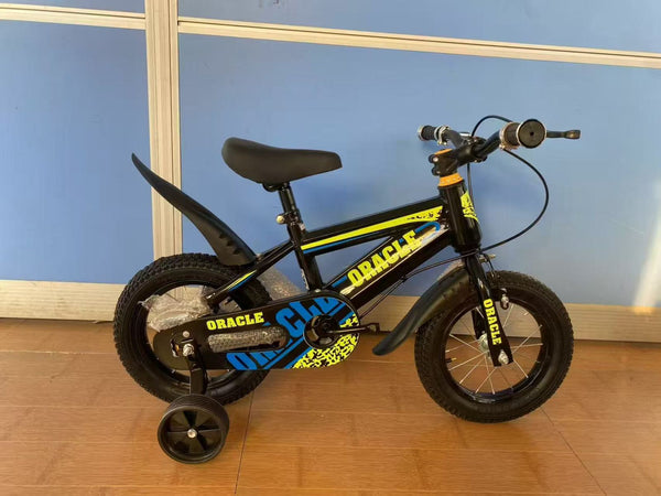 Single Speed Bicicleta Small Cycle Vehicle Bike in black and blue with training wheels for kids.