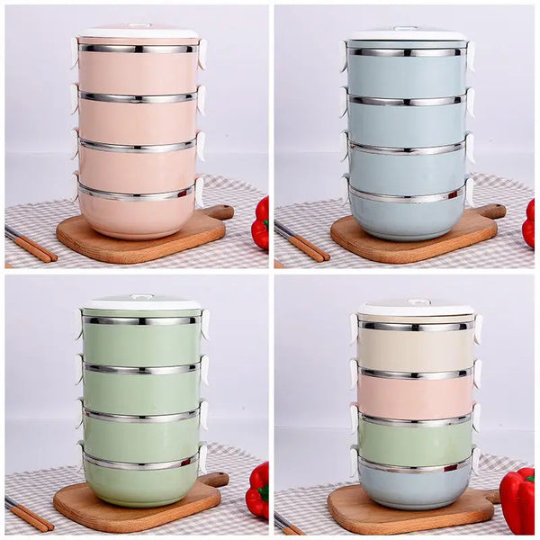 Wholesale Portable Lunch Box Insulation in various colors stacked vertically on a wooden cutting board.