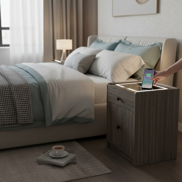 Wireless Charging Bedside Table with LED Light & Storage