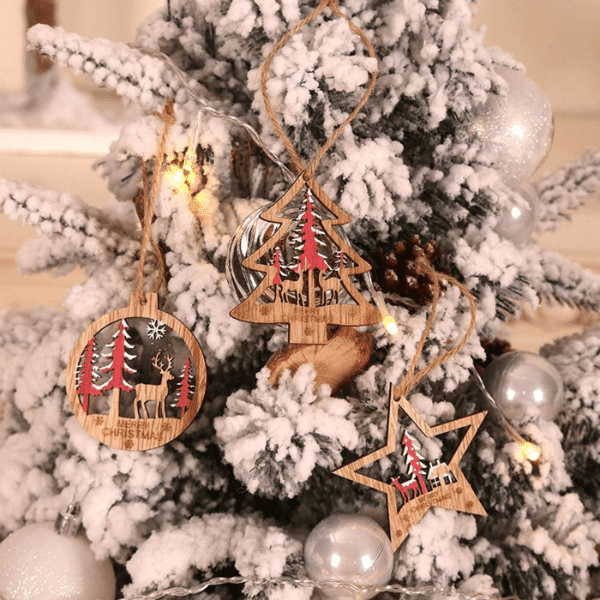 Perfect Dealz Wooden Christmas Tree Ornament Set – 7cm, 6 Pieces
