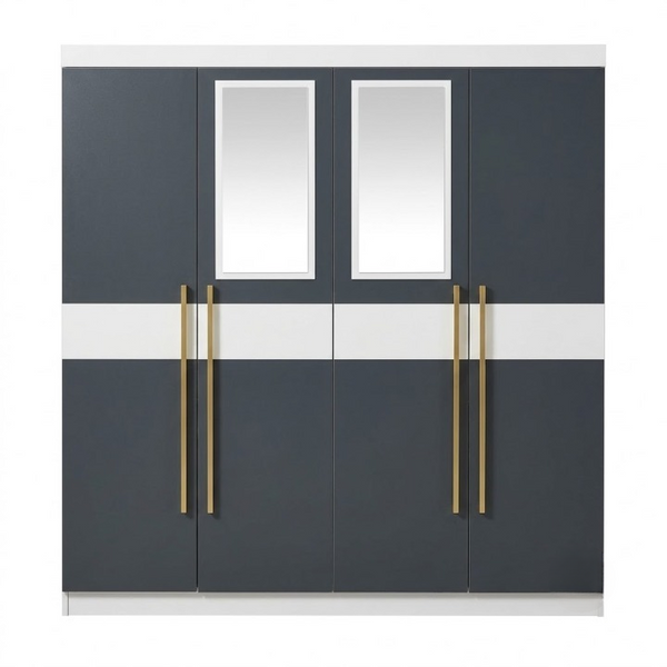 4 Door Wardrobe with Mirrors and Gold Handles featuring a two-tone design of grey and white with stylish gold handles.