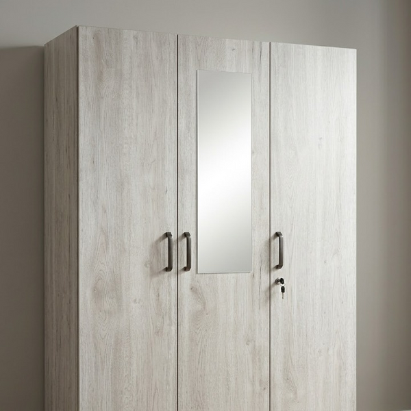3 Door Wardrobe with Centre Mirror in Light Oak Finish showcasing a natural wood effect and elegant design.