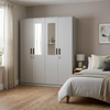 4 Door Wardrobe with Double Mirror Panels in a light grey finish, featuring full-width hanging space and integrated mirrors.