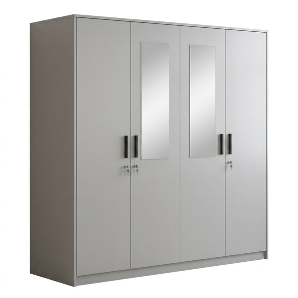 4 Door Wardrobe with Double Mirror Panels in light grey finish, featuring integrated mirror panels for maximum storage.