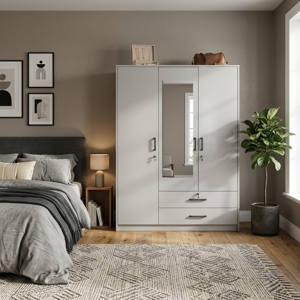 3 Door Wardrobe with Mirror and 2 Drawers in Light Grey in a stylish bedroom setting