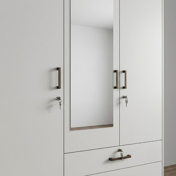 3 Door Wardrobe with Mirror and 2 Drawers in Light Grey showcasing a clean design and practical storage options.
