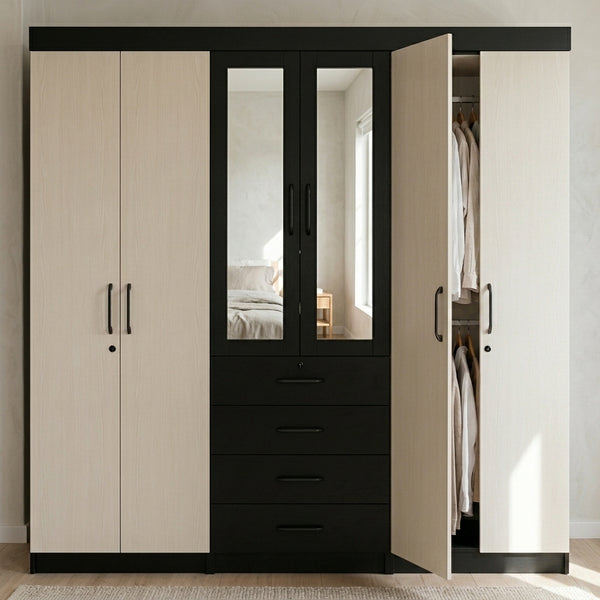 6 Door Wardrobe with Mirror and Drawers featuring a modern design and ample storage space for clothing.