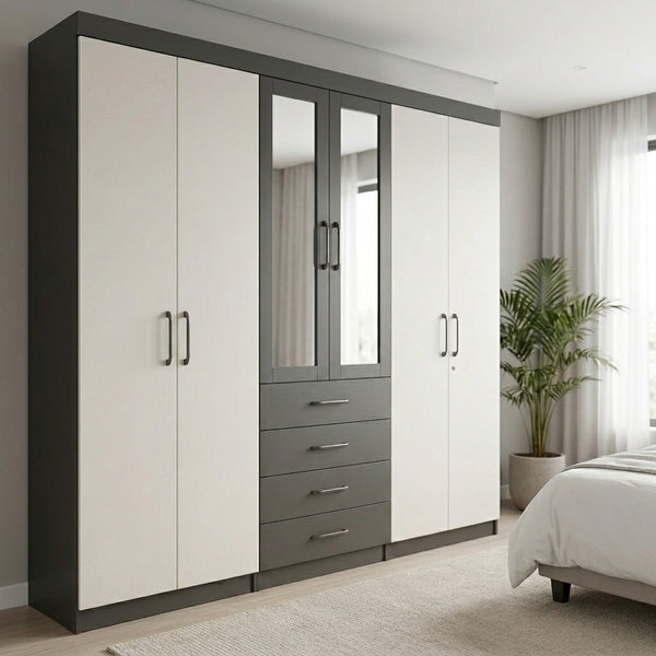 6 Door Wardrobe with Mirror and Drawers featuring built-in drawers and a mirrored section.