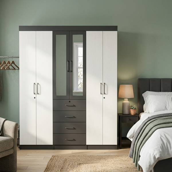 6 Door Wardrobe with Mirror and Drawers in a stylish bedroom setting with light green walls.