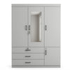 4-Door Grey Wardrobe with Mirror and Drawers featuring a sleek design and multiple storage options.