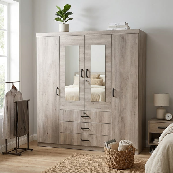 4 Door Wardrobe with Mirrors and 3 Drawers in a modern bedroom setting with hanging clothes and storage.