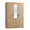 3-Door Mirrored Bedroom Wardrobe with Drawers featuring a stylish wood-effect finish and central mirror.