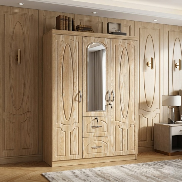 3-Door Mirrored Bedroom Wardrobe with Drawers featuring a stylish wood-effect finish and practical storage solutions.