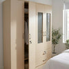 4 Door Wardrobe with Drawers and Display Panels in a stylish bedroom setting.