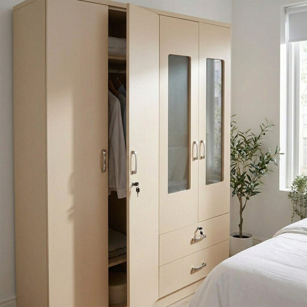 4 Door Wardrobe with Drawers and Display Panels in a stylish bedroom setting.