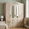 4-Door Mirrored Bedroom Wardrobe with Drawers in a stylish bedroom setting, featuring drawers and full-length mirrors.