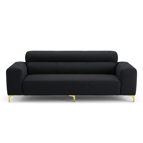 Modern Black 3-Seater Sofa with Gold Metal Legs, sleek contemporary design and luxurious comfort for living spaces.